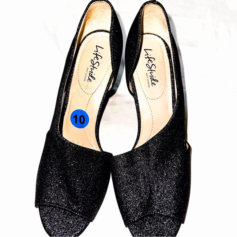 LifeStride Black Glitter Open-Toe Pumps - Size 10**